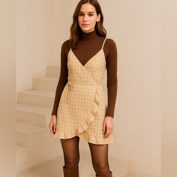 ASOS Dresses & Skirts - NWT ASOS Cami Faux Wrap Gingham Butter Yellow Mini Dress Sz 10